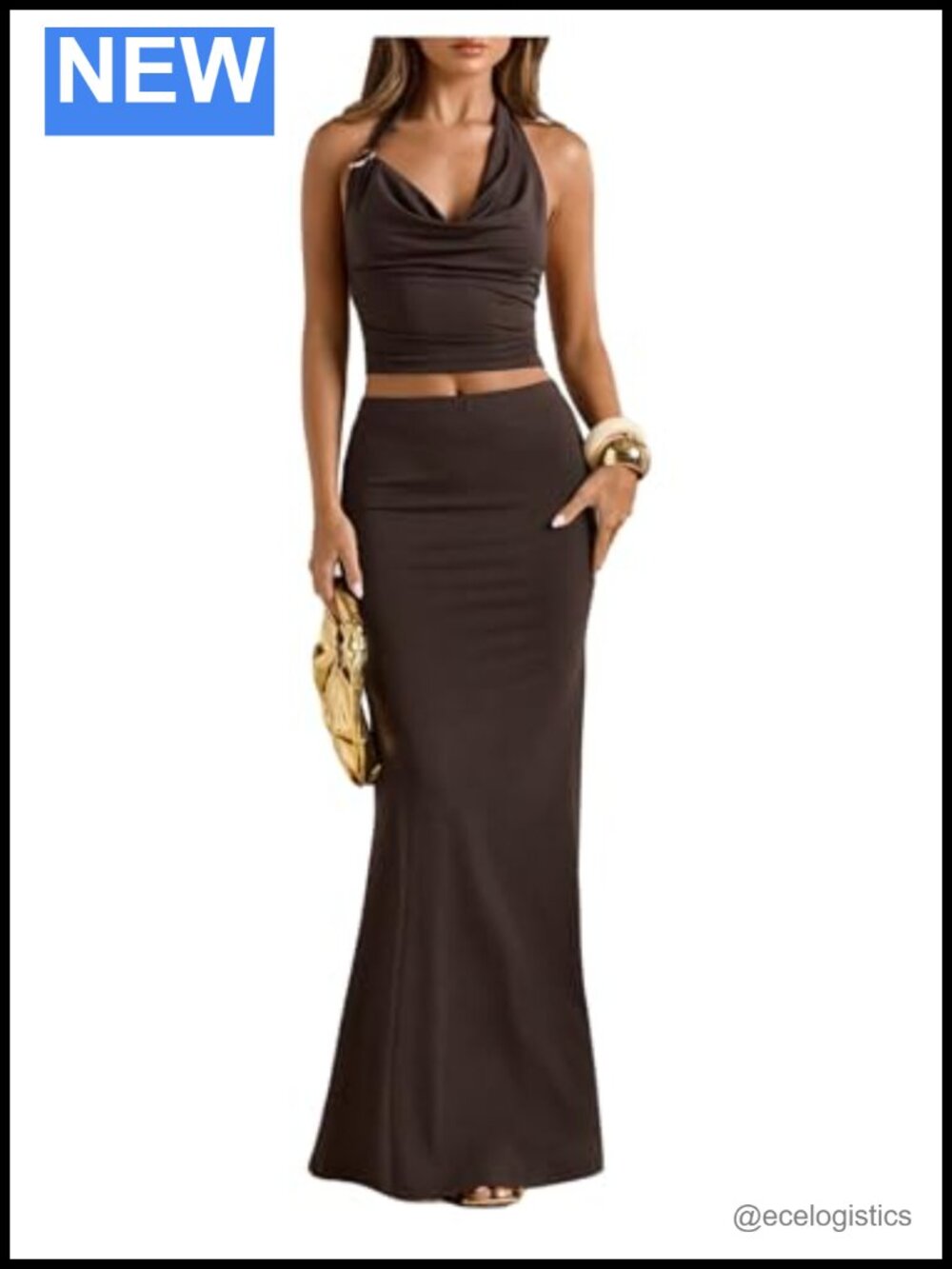 Women's Two Piece Skirt Set Cowl Neck Sleeveless Halter Top Maxi Skirt